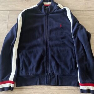 Vintage Polo Ralph Lauren Waffle Knit Navy Blue White Red Full Zip Jacket SZ XL